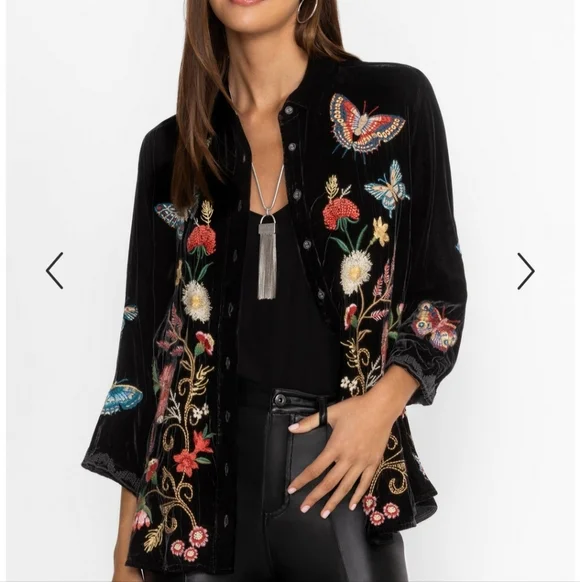 Johnny Was Velvet Kimono Sleeve Brown Luciana Butterfly Shirt Women's Size XS - Picture 2 of 12